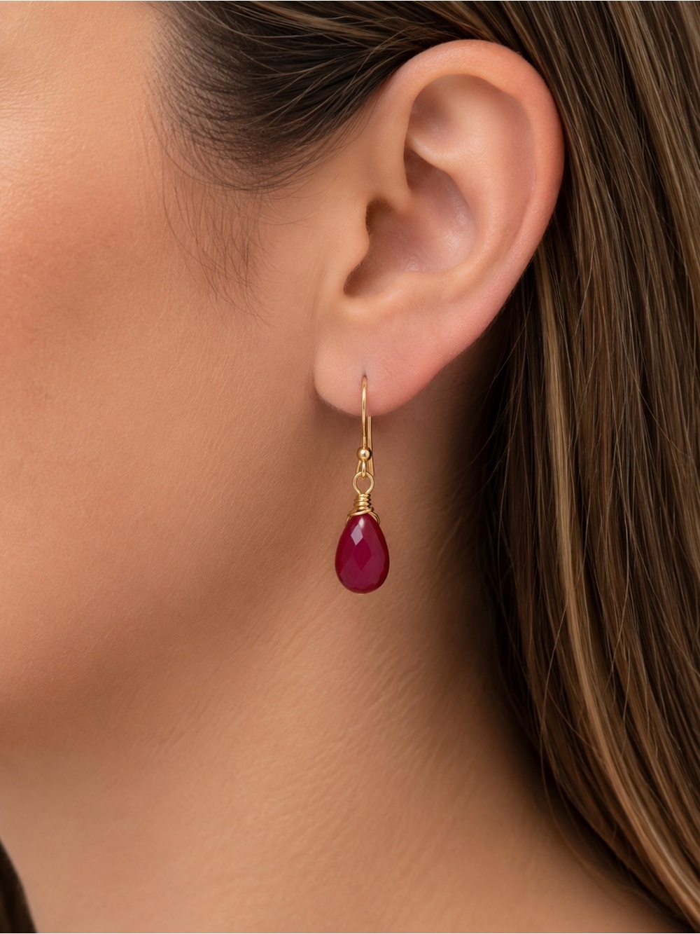 Handmade Raspberry Red Agate Faceted Drop Earrings Gold Tone Hooks